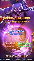 Genie's 3 Wishes · Penggunaan tombol kontrol putaran, mode cepat, dan opsi otomatis.